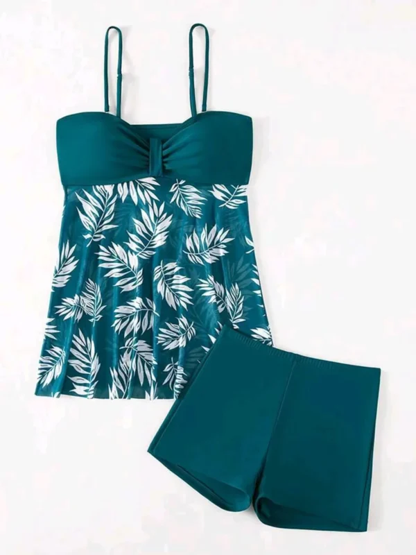 Maillot de bain jupette tankini vert à feuilles – photo 5