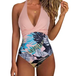 Maillot de bain une pièce ventre plat rose à motifs