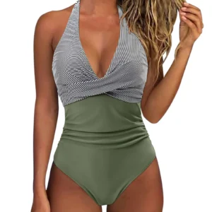 Maillot de bain une pièce ventre plat vert à bandes