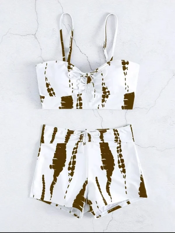 Maillot de bain 2 pièces avec short tie-dye blanc et marron – photo 3