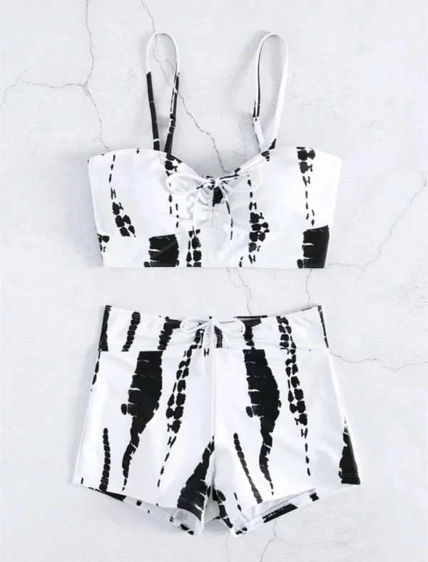 Maillot de bain 2 pièces avec short tie-dye blanc et noir – photo 3