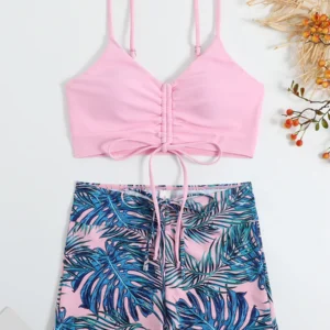 Maillot gainant avec short 2 pièces rose et bleu