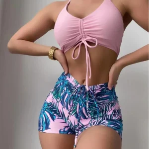 Maillot gainant avec short 2 pièces rose et bleu