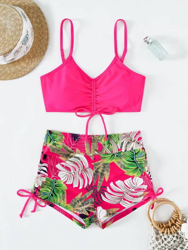 Maillot de bain 2 pièces avec short rose et imprimé feuilles – photo 3