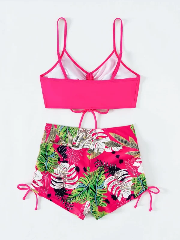Maillot de bain 2 pièces avec short rose et imprimé feuilles – photo 4