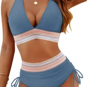 Maillot gainant bikini taille haute bleu gris