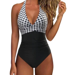 Maillot gainant une pièce ventre plat noir à carreaux